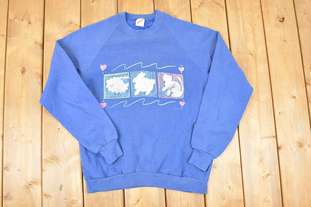 Vintage 1990s Cute Bunny Kitty Sheep Graphic Print Crewneck Sweatshirt Men's M