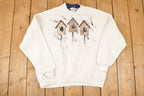 Vintage 1990s Cartoon Birdhouses Double Collar Graphic Print Crewneck Sweatshirt Womens XL