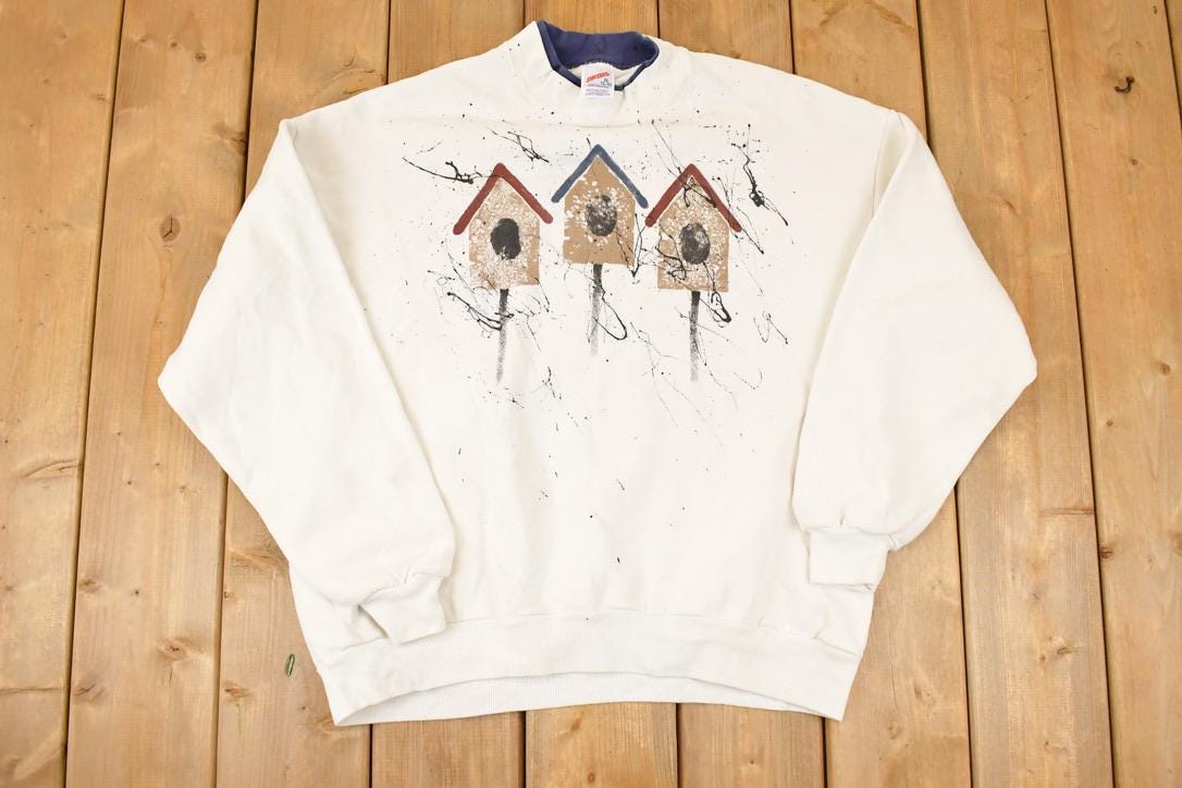 Vintage 1990s Cartoon Birdhouses Double Collar Graphic Print Crewneck Sweatshirt Womens XL