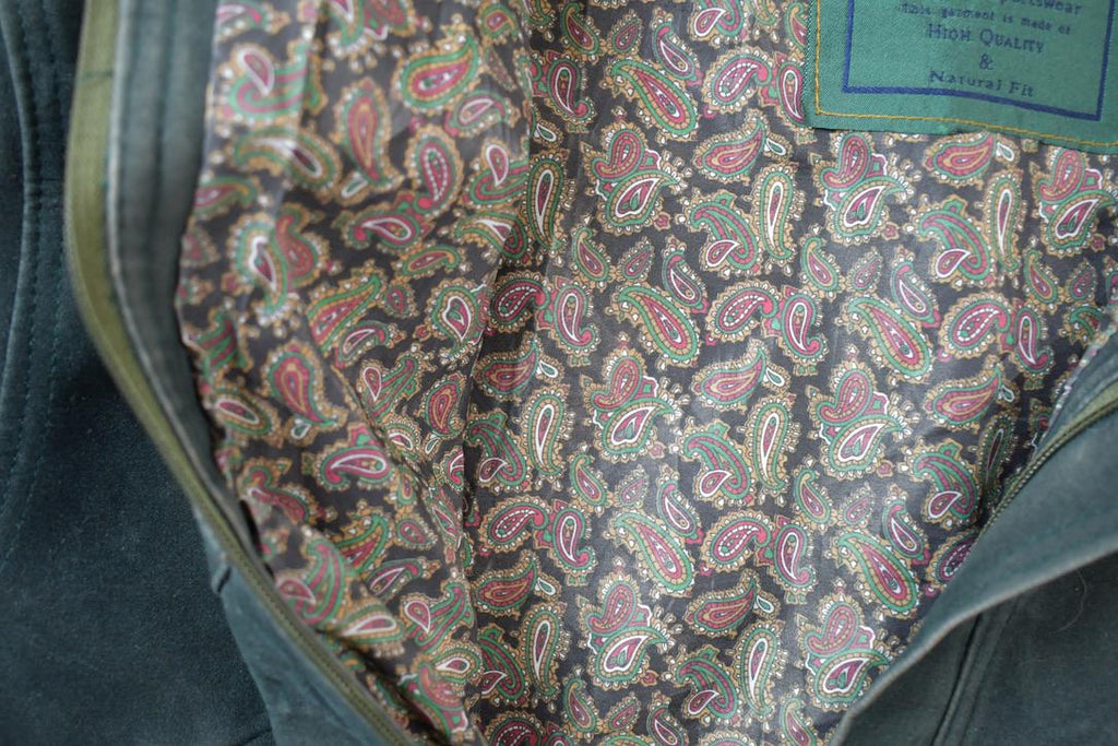 Vintage 1990s Full Stop Suede Green Paisley Lined Bomber Jacket Made In USA
