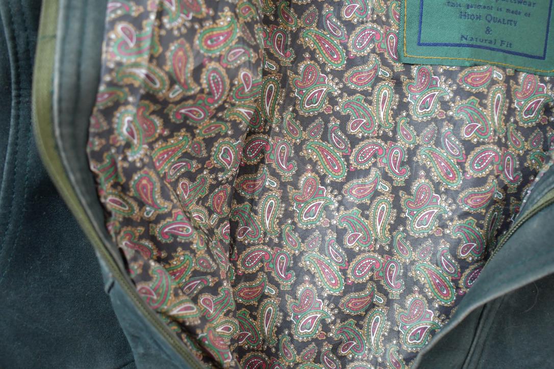 Vintage 1990s Full Stop Suede Green Paisley Lined Bomber Jacket Made In USA