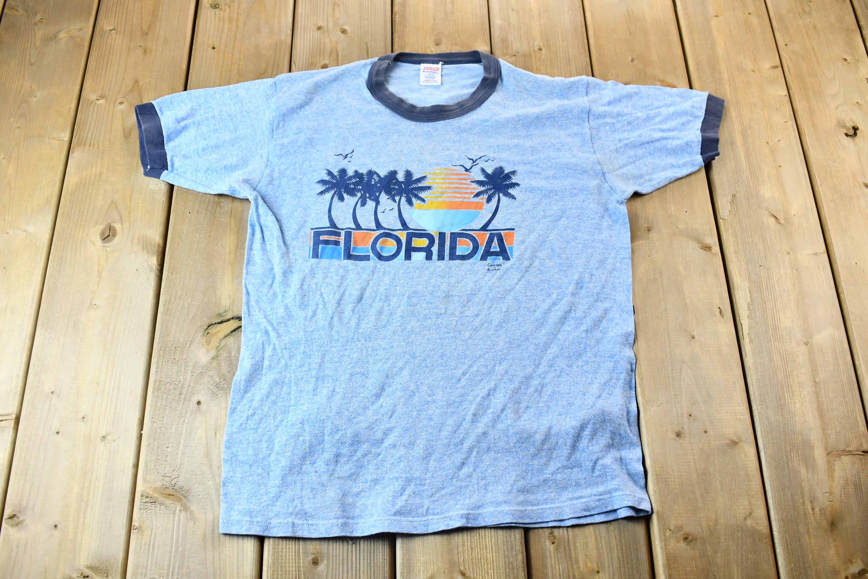 Vintage 1980s Russell Athletic Florida USA Graphic Souvenir Ringer Travel T-Shirt