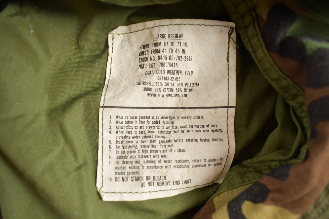 Vintage 1982s Military Woodland Camouflage Cold Weather Field Jacket
