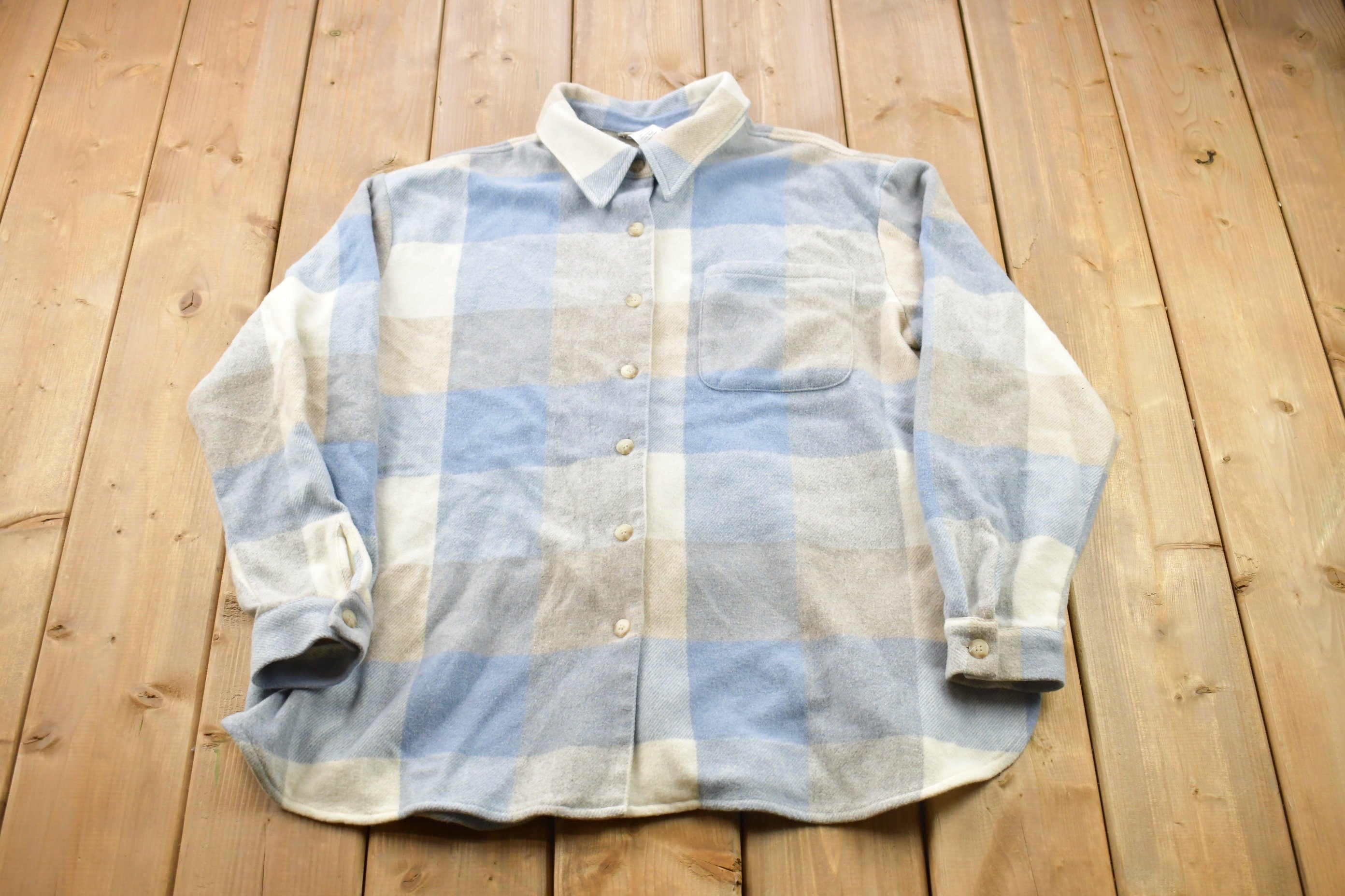 Vintage 1990s Light Blue Plaid Flannel Button Up Shirt