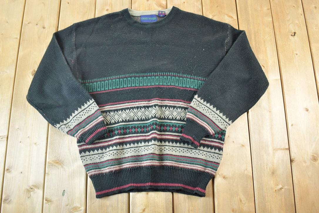 Vintage 1990s Crosswoods Knit Abstract Pattern Crewneck Sweater Mens L