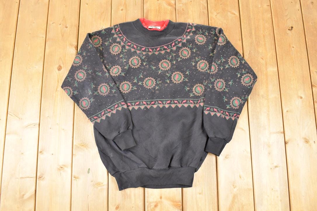 Vintage 1990s Artisans AOP Christmas Double Collar Crewneck Sweatshirt Men's M