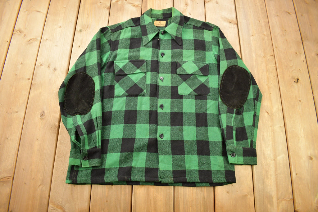 Vintage 1950s Aberdeen Green Buffalo Plaid Wool Button Up Shirt