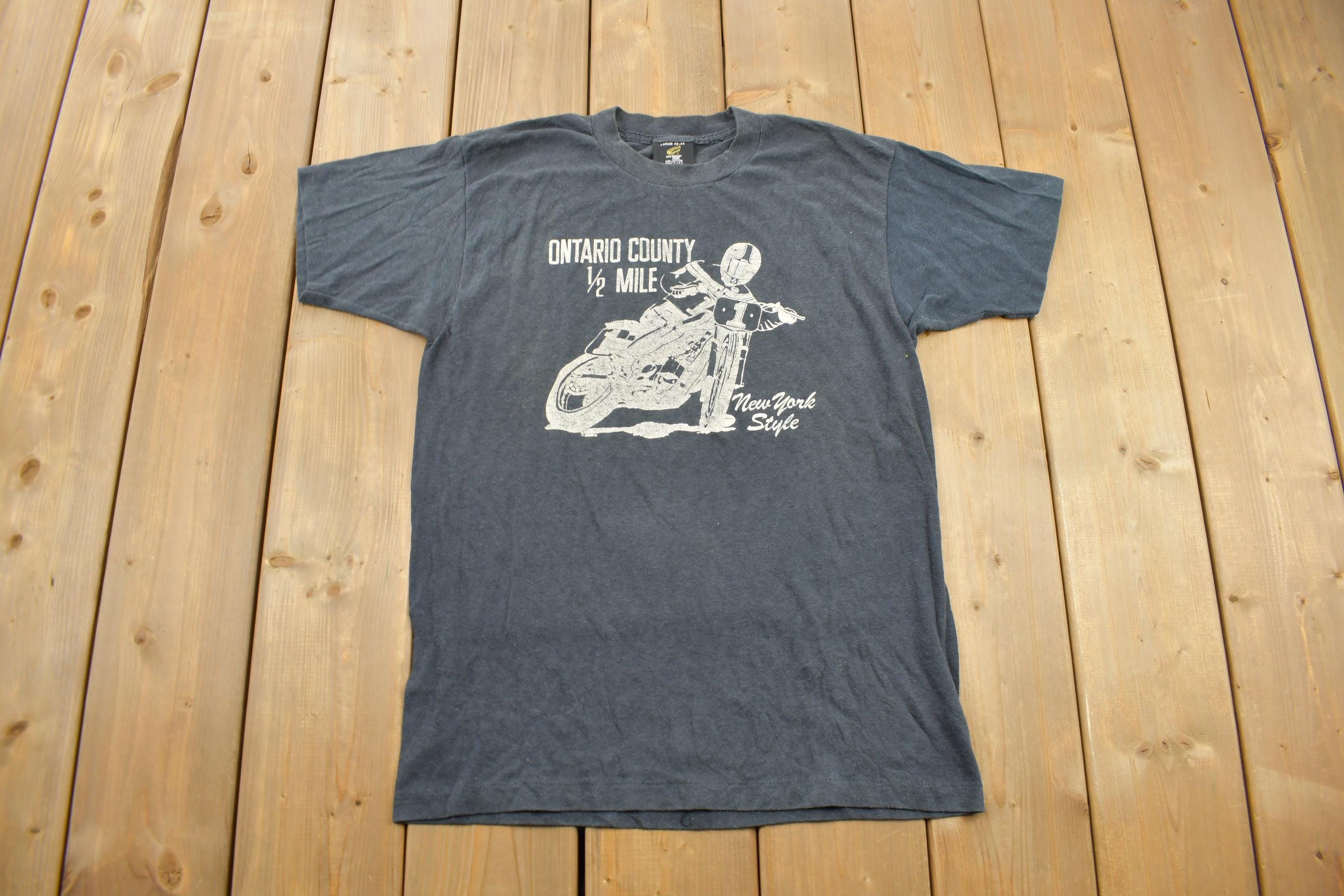 Vintage 1980s Ontario Half Mile New York Style Road Bike Racing Graphic T Shirt