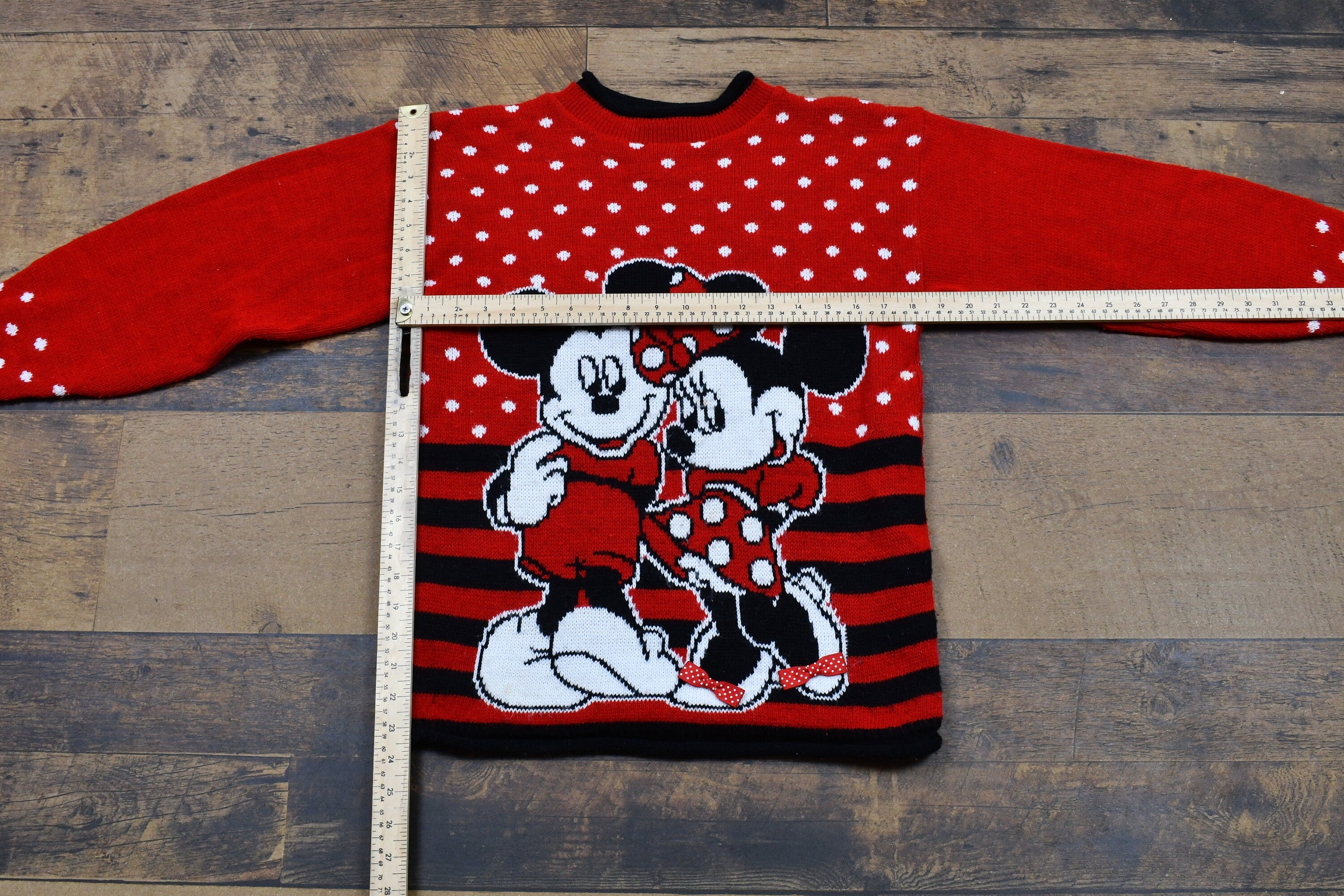 Vintage 1990s Disney Mickey & Minnie Mouse Knitted Sweater  90s Crewneck  Striped Polka Dot Pattern  Pullover Sweatshirt