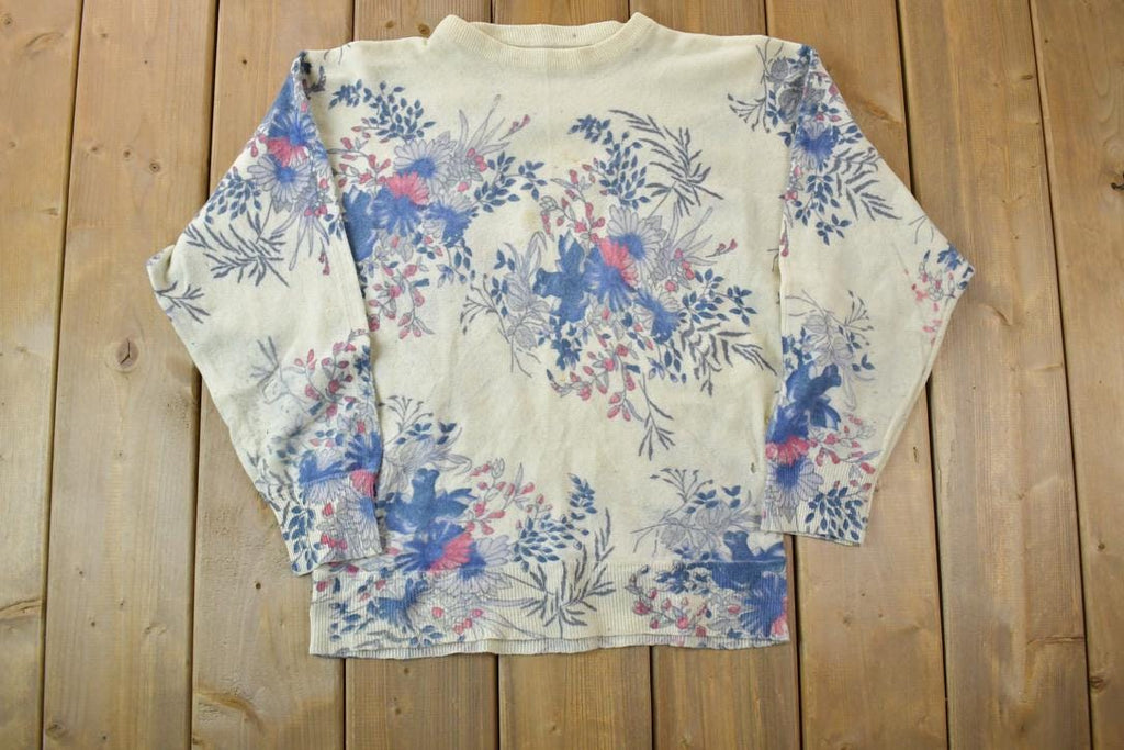 Vintage 1990s Cream Floral Knit Crewneck Sweater