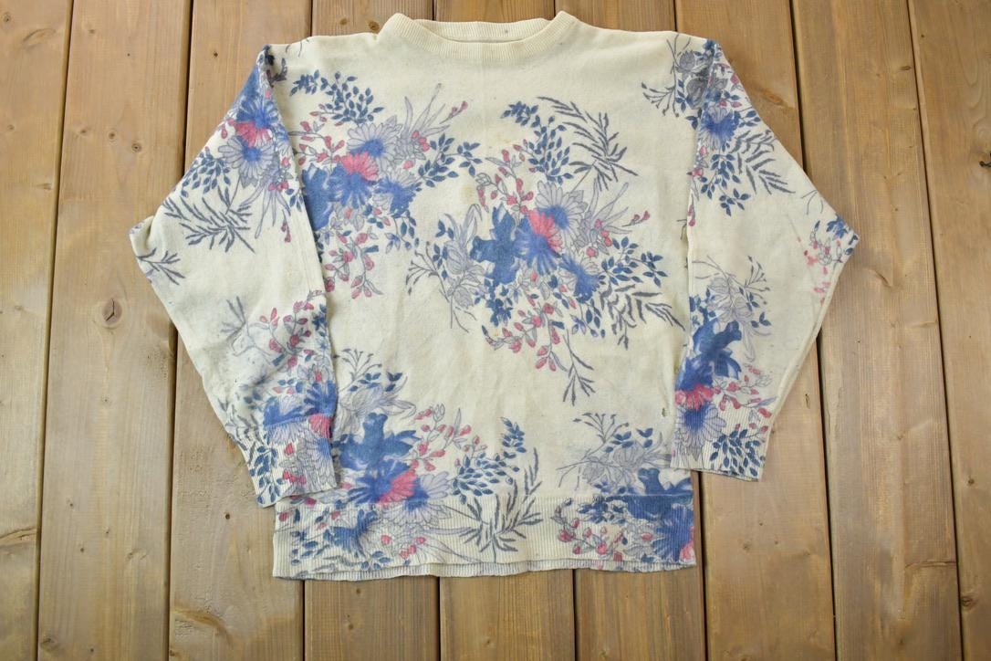 Vintage 1990s Cream Floral Knit Crewneck Sweater