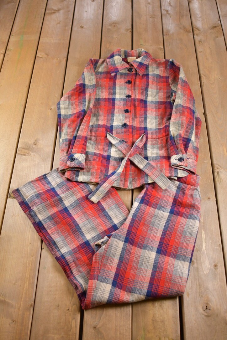 Vintage 1960s Catalina Plaid Button Up Sweater And Bell Bottom Pants