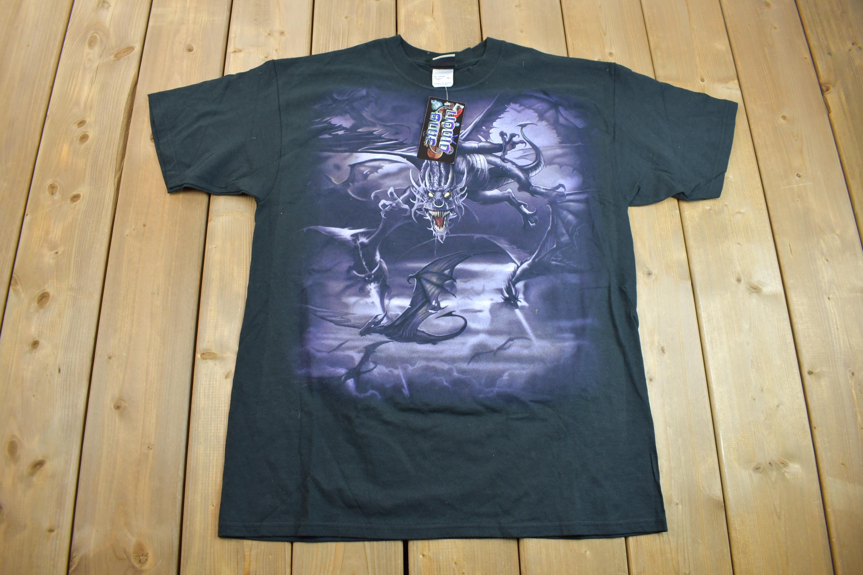 Vintage 1999 Deadstock Liquid Blue Dragon Wizard Big Graphic T-Shirt