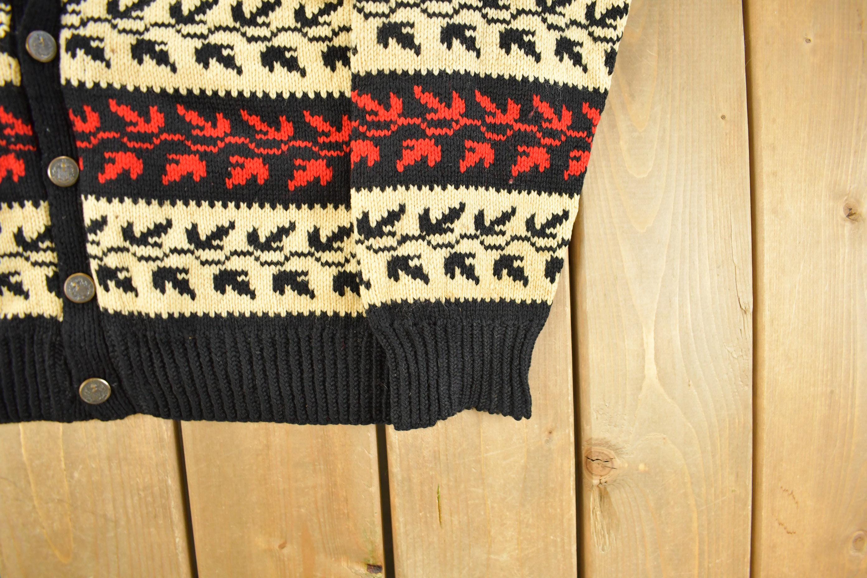 Vintage 1970s Leaves All Over Print Knit Cardigan Sweater Women's Large