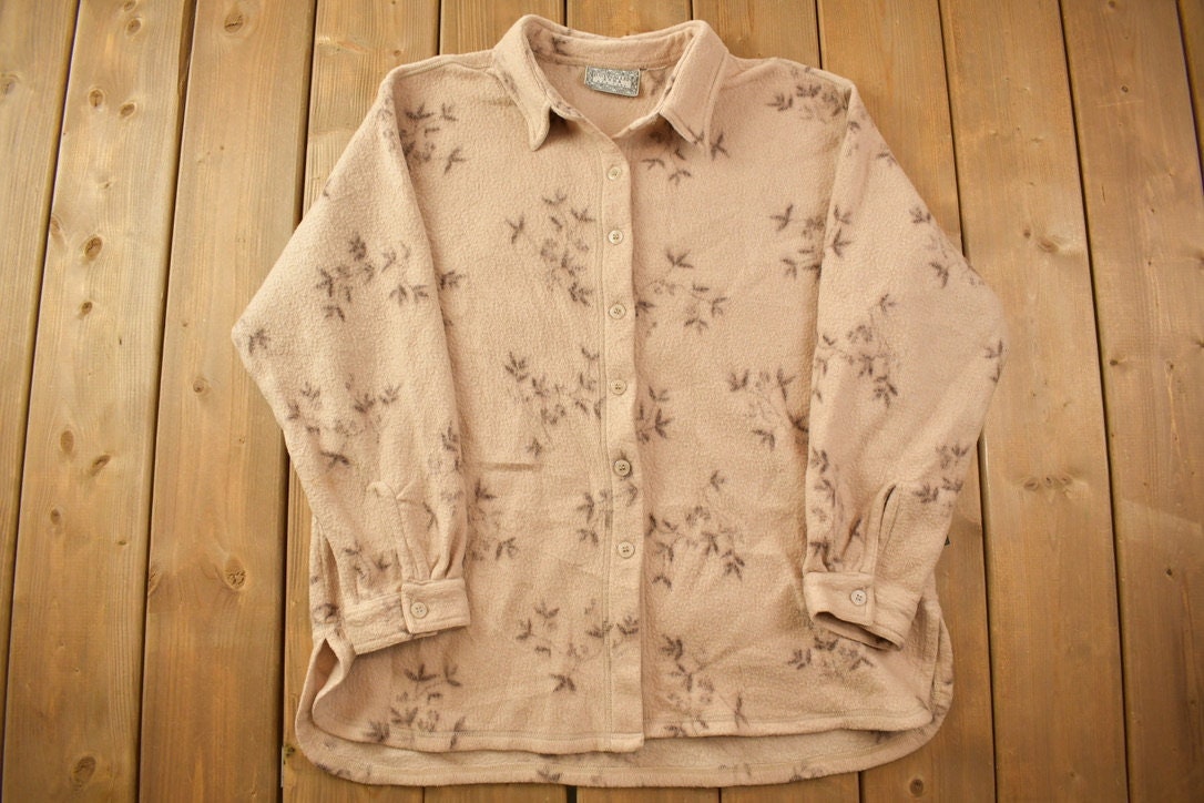 Vintage 1990s Justin Allen Xtra Floral Fleece Button Up Shirt / 1990s Button Up / Vintage Flannel / Basic Button Up / JA Sport /
