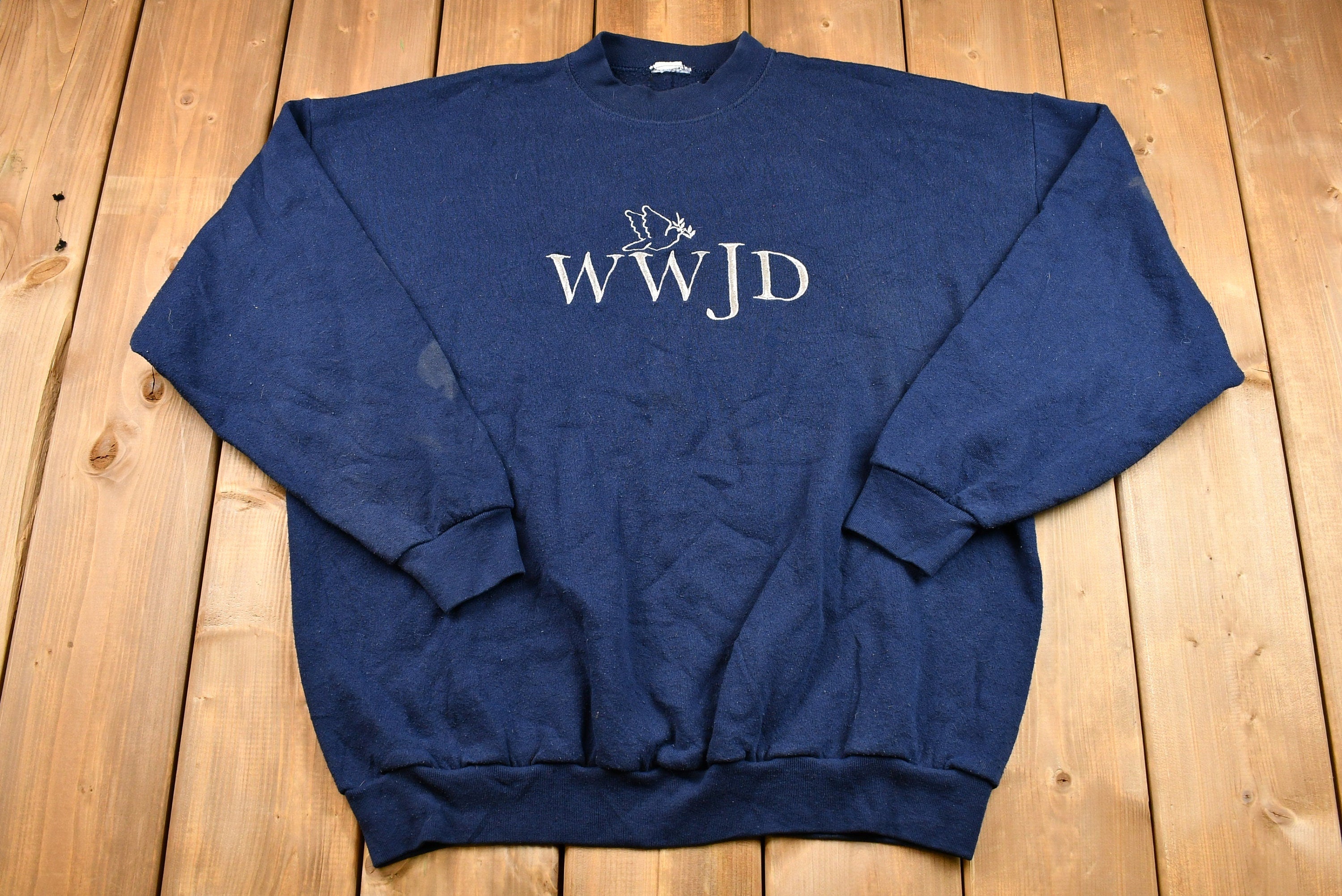 Vintage 1990s Distressed WWJD Embroidered Crewneck Sweatshirt , What Would Jesus Do , Dove , Athleisure , Vintage Streetwear