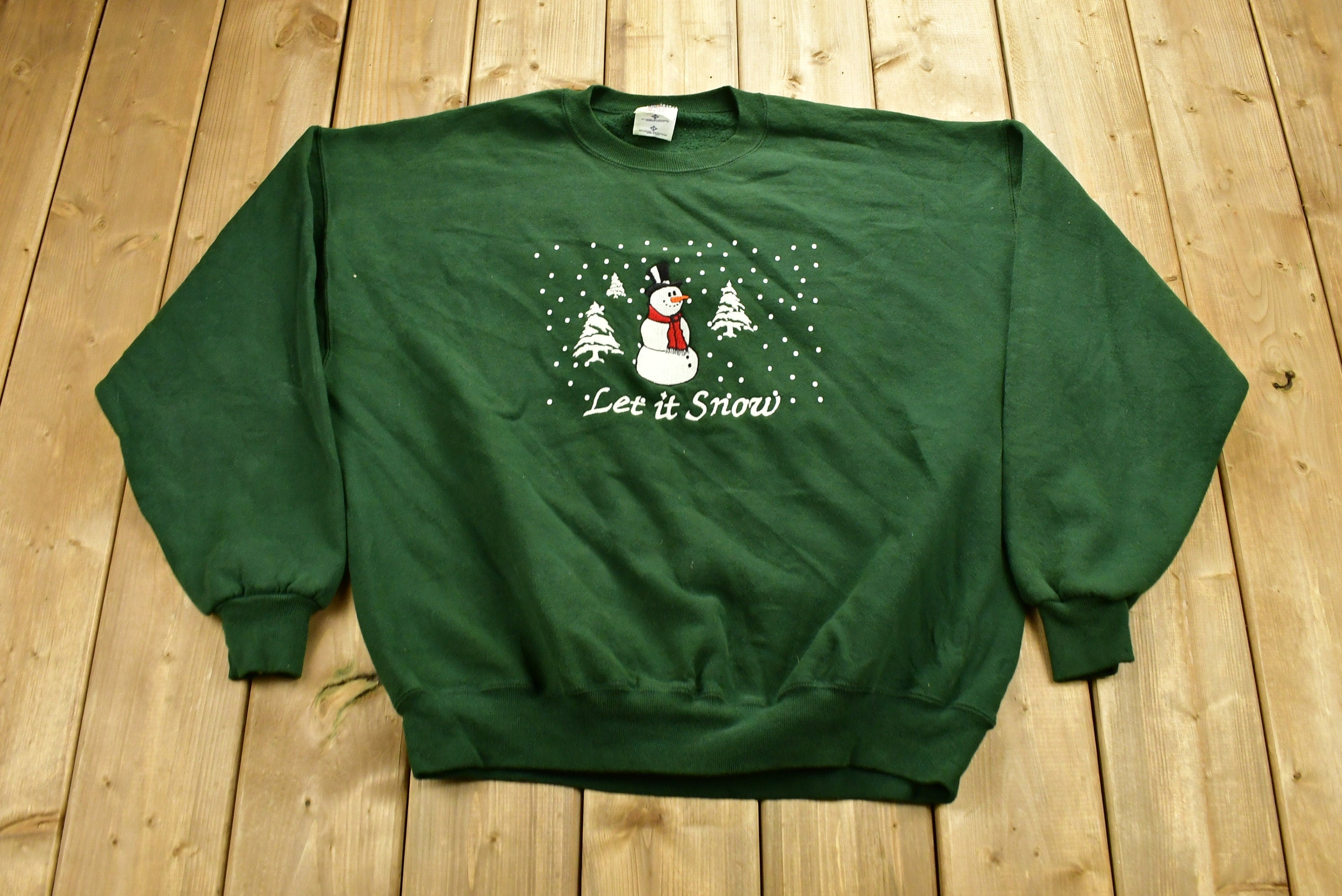 Vintage 1990's "Let It Snow" Snowman Embroidered Crewneck , 90s Holiday Crewneck , Made In USA , Winter Wear , Festive Graphic