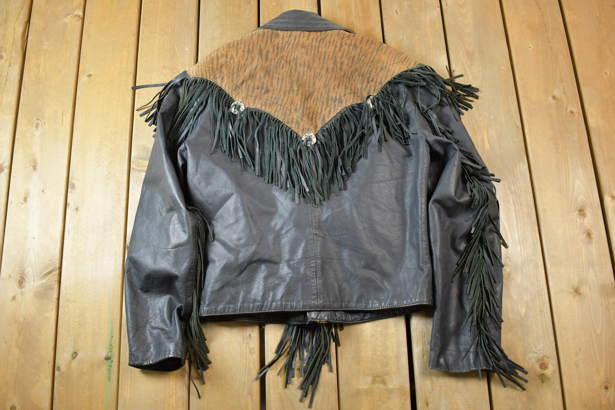 Vintage 1990s Bermans Leather Frills Tassel Animal Print Wild Print Motorcycle Jacket Made In USA