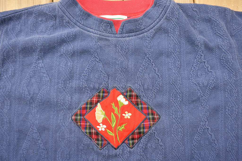 Vintage 1990s Shenanigans Floral Theme 3D Cable Knit Crewneck Sweater