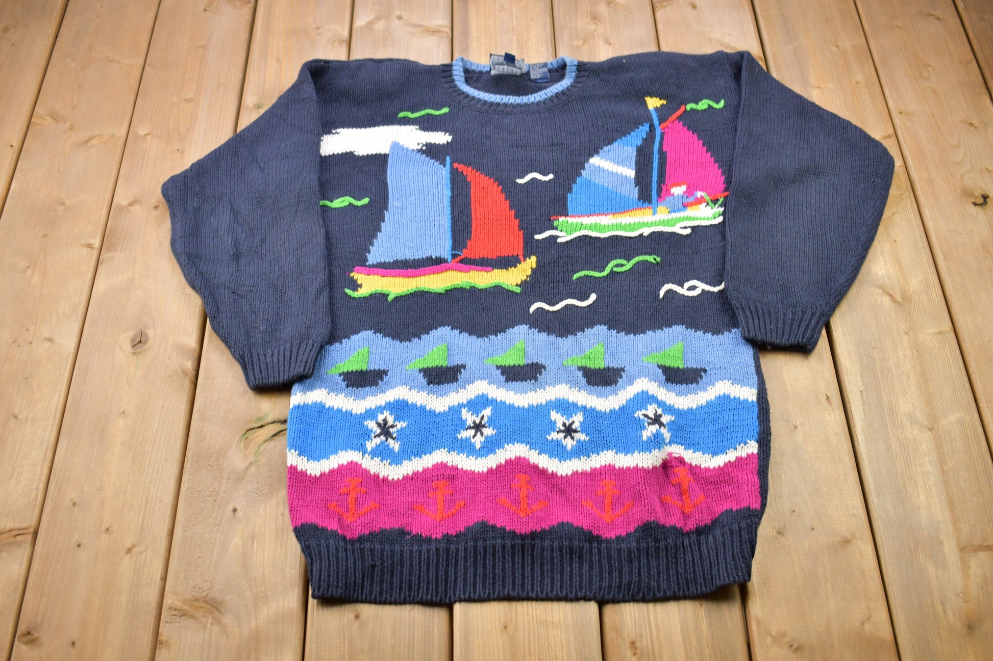 Vintage 1980s Sailing Theme Knit Crewneck Sweater / Vintage 80s Crewneck / All Over Pattern / Colorful / Sweatshirt / Abstract Pattern