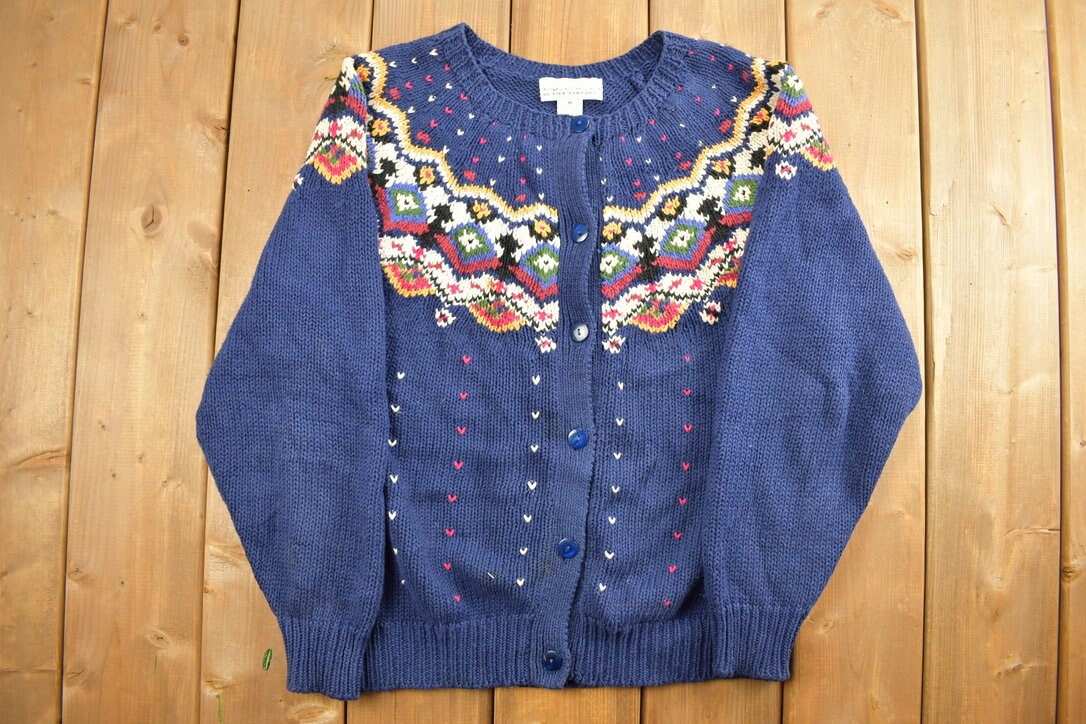 Vintage 1990s Patterned Yoke Knitted Cardigan Sweater