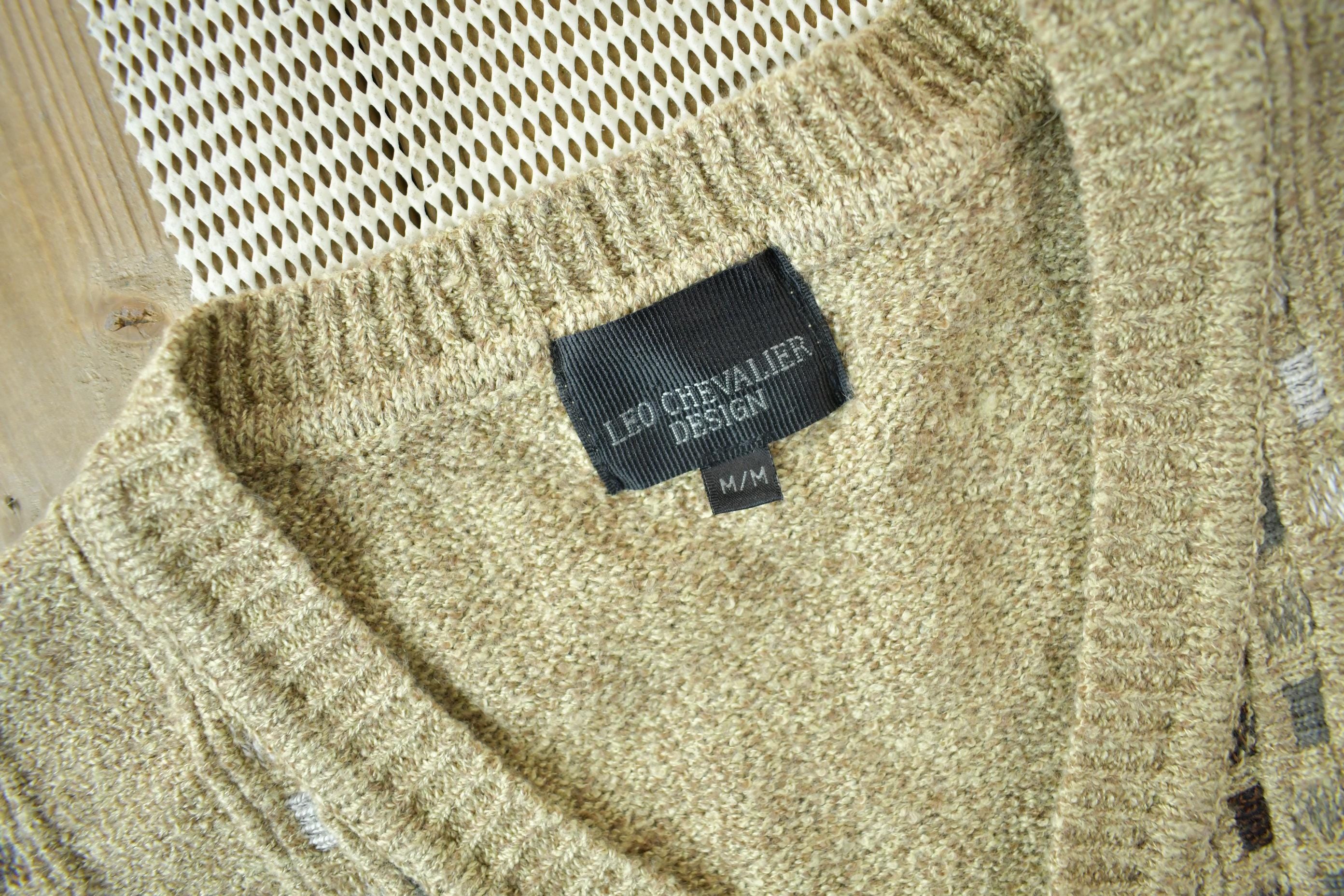 Vintage 1990s Leo Chevalier Cable Knit V-Neck Sweater / Vintage Cable Knit / Abstract Patterns / Size Medium