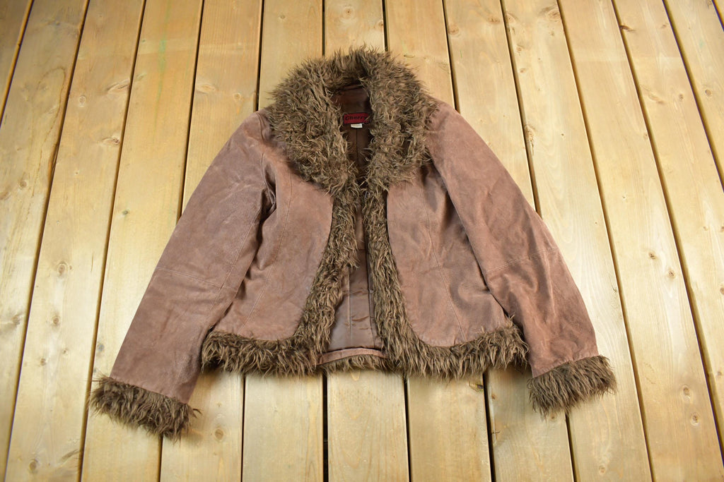 Vintage 1990s Cherry Leather Fur Trim Penny Lane Coat Women's Small