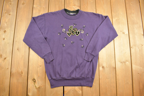 Vintage 1990s Heart Theme Embroidered Crewneck Sweater / 90s Crewneck / Grandma Sweater / Purple Sweatshirt / Floral Theme / Double Neck