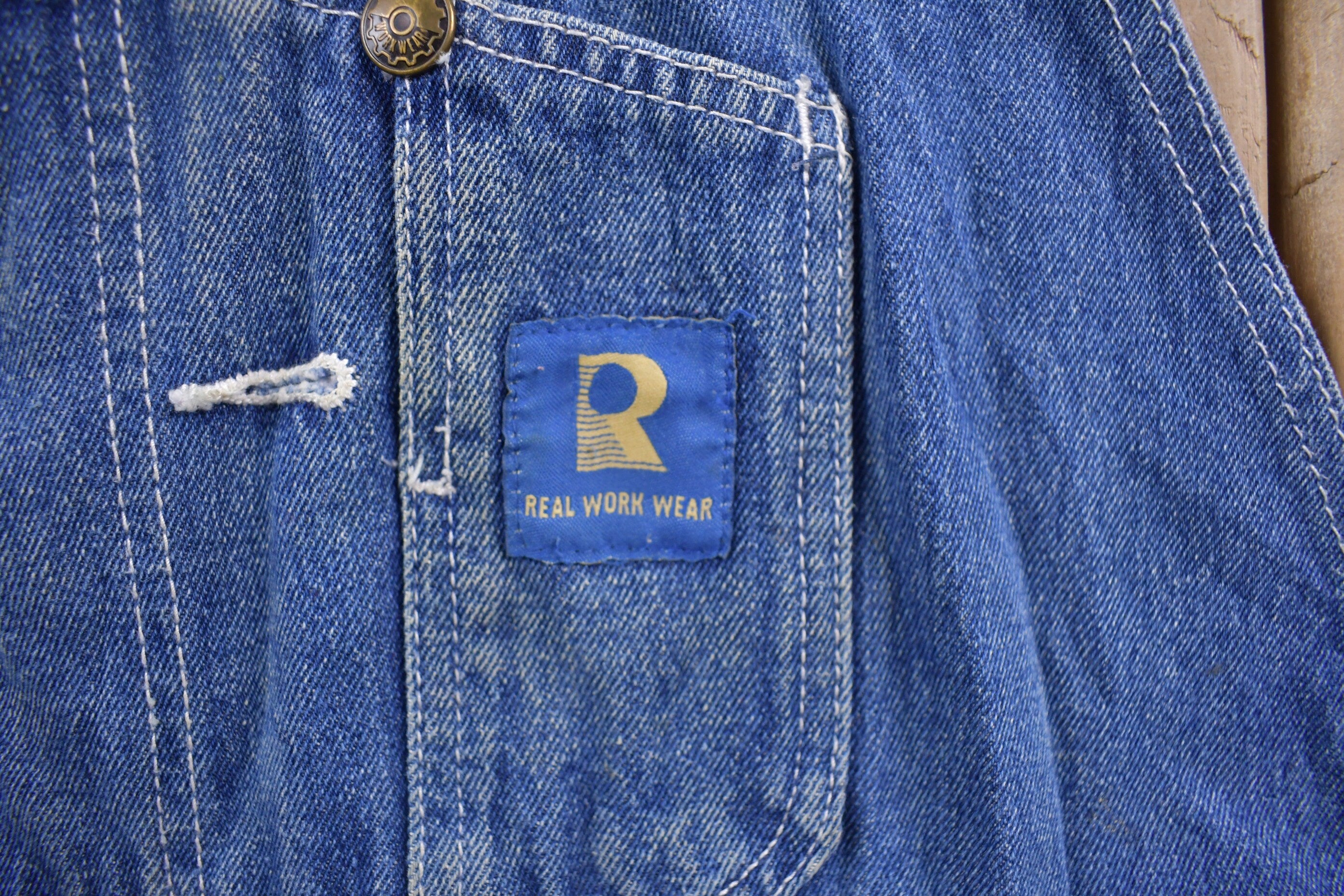 Vintage 1990s Real Work Wear Blue Denim Jean Overalls Size 46 Waist 27 Inch Inseam