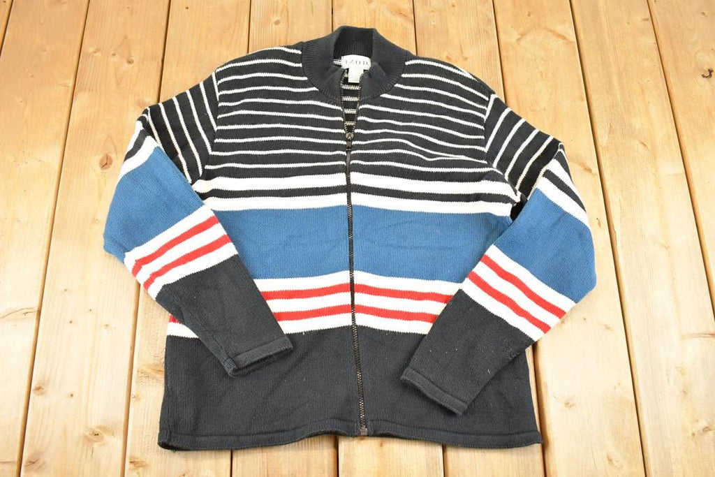 Vintage 1990s Izod Striped Zip Up Knit Crewneck Sweater Men's S  Abstract Pattern 3D Knitted Sweatshirt