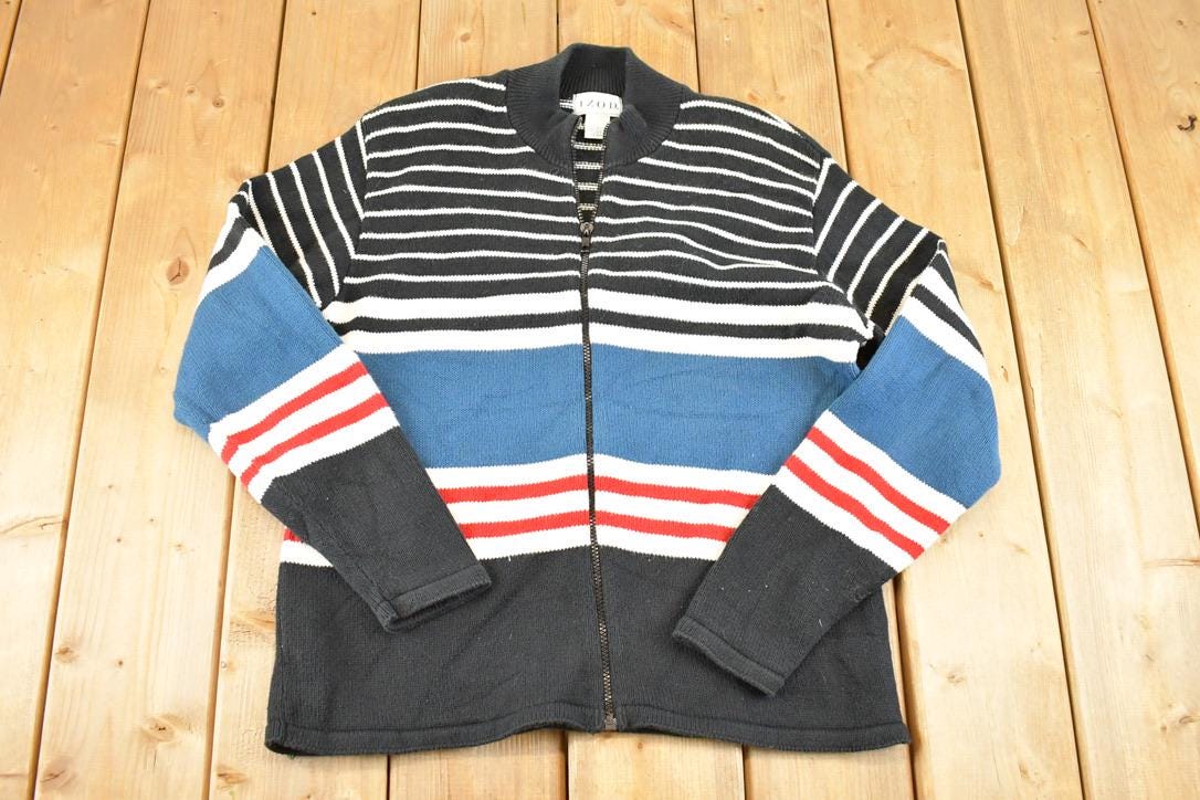Vintage 1990s Izod Striped Zip Up Knit Crewneck Sweater Men's S  Abstract Pattern 3D Knitted Sweatshirt
