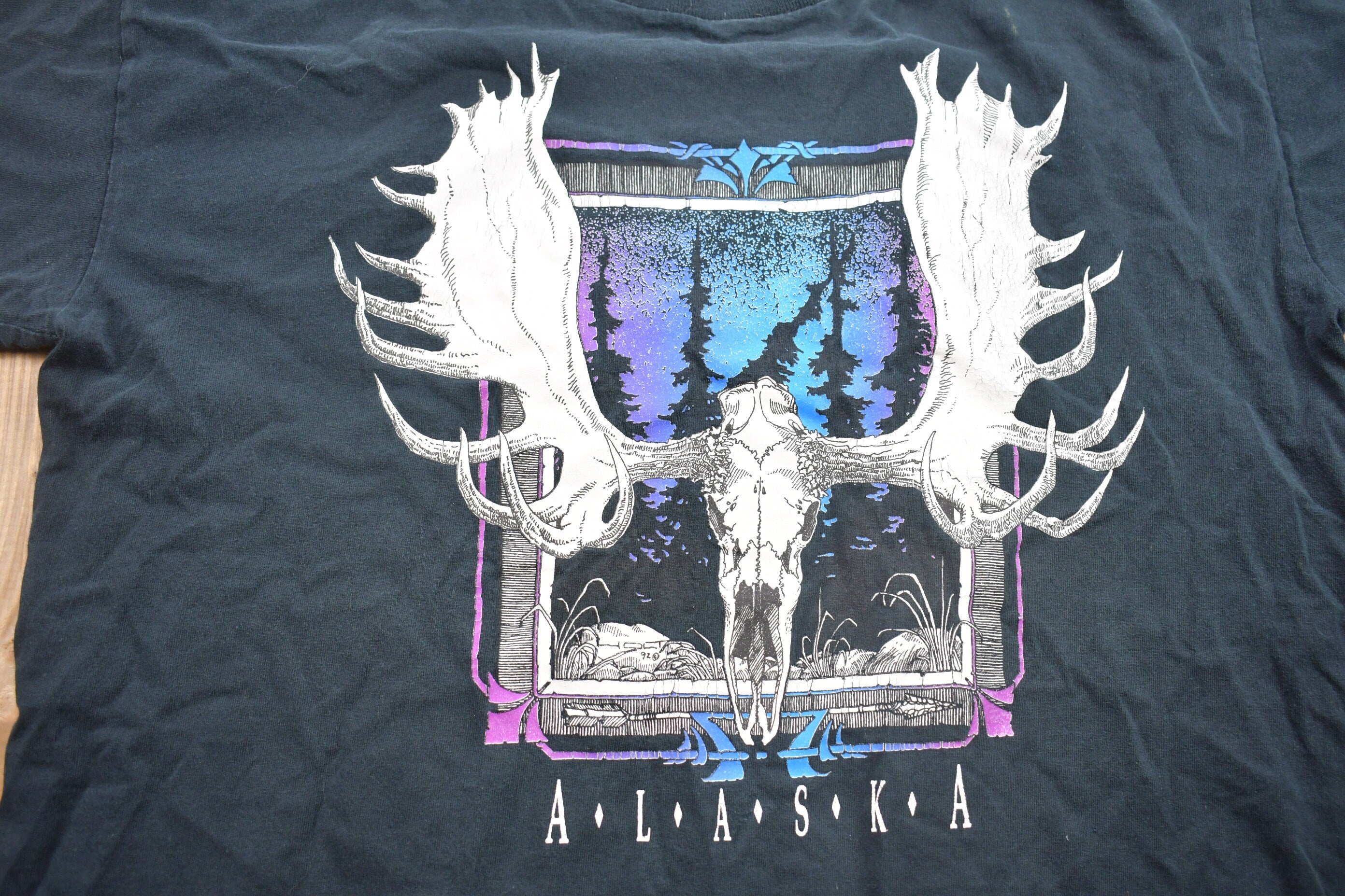 Vintage 1990s Alaska Moose Skull Double Collar Ayahuasca Trip Souvenir T Shirt