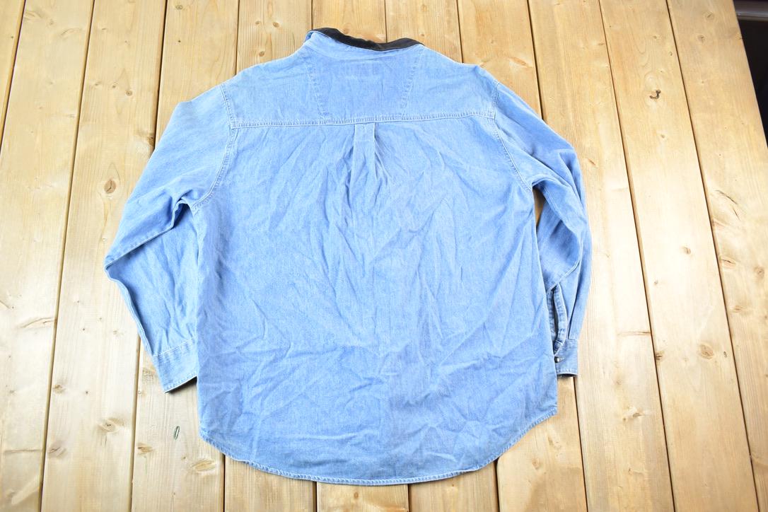 Vintage 1990s Bill Blass Velour Collar Denim Embroidered Floral Button Up Shirt Mens M