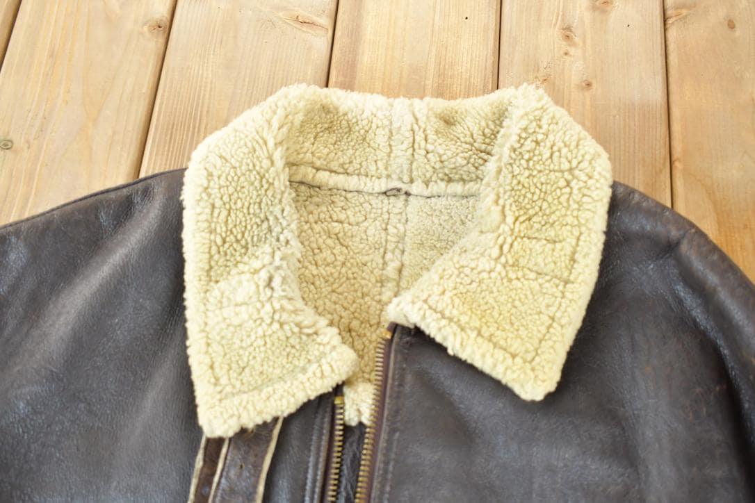 Vintage 1980s Shearling Bomber Jacket Real Leather and Wool