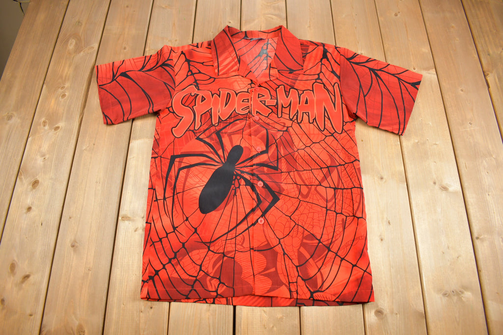 Vintage 2002 Spiderman Marvel Comics All Over Print Button Up T-Shirt