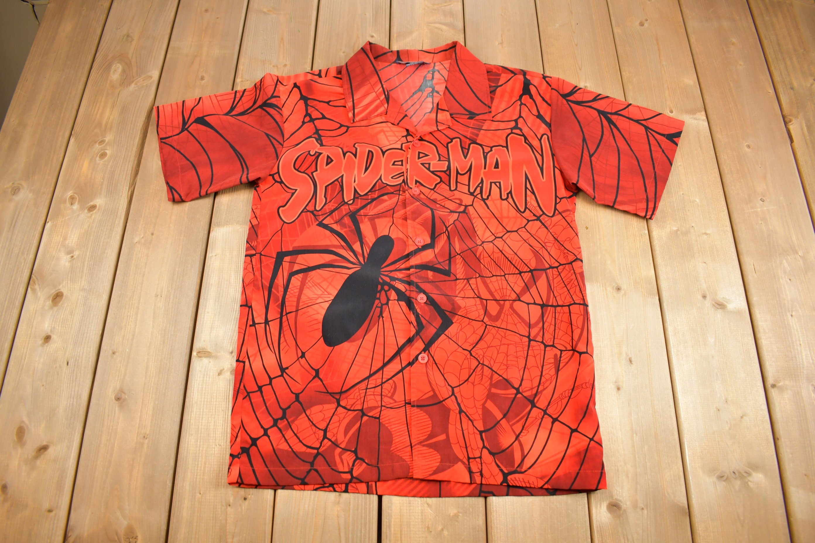 Vintage 2002 Spiderman Marvel Comics All Over Print Button Up T-Shirt