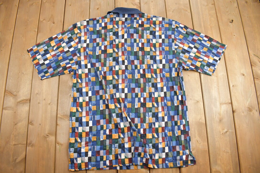 Vintage 1990s Checkered Riscatto Quarter Button Polo Shirt / Abstract Pattern / Casual Shirt / Formal Shirt / Short Sleeve Polo / Size M