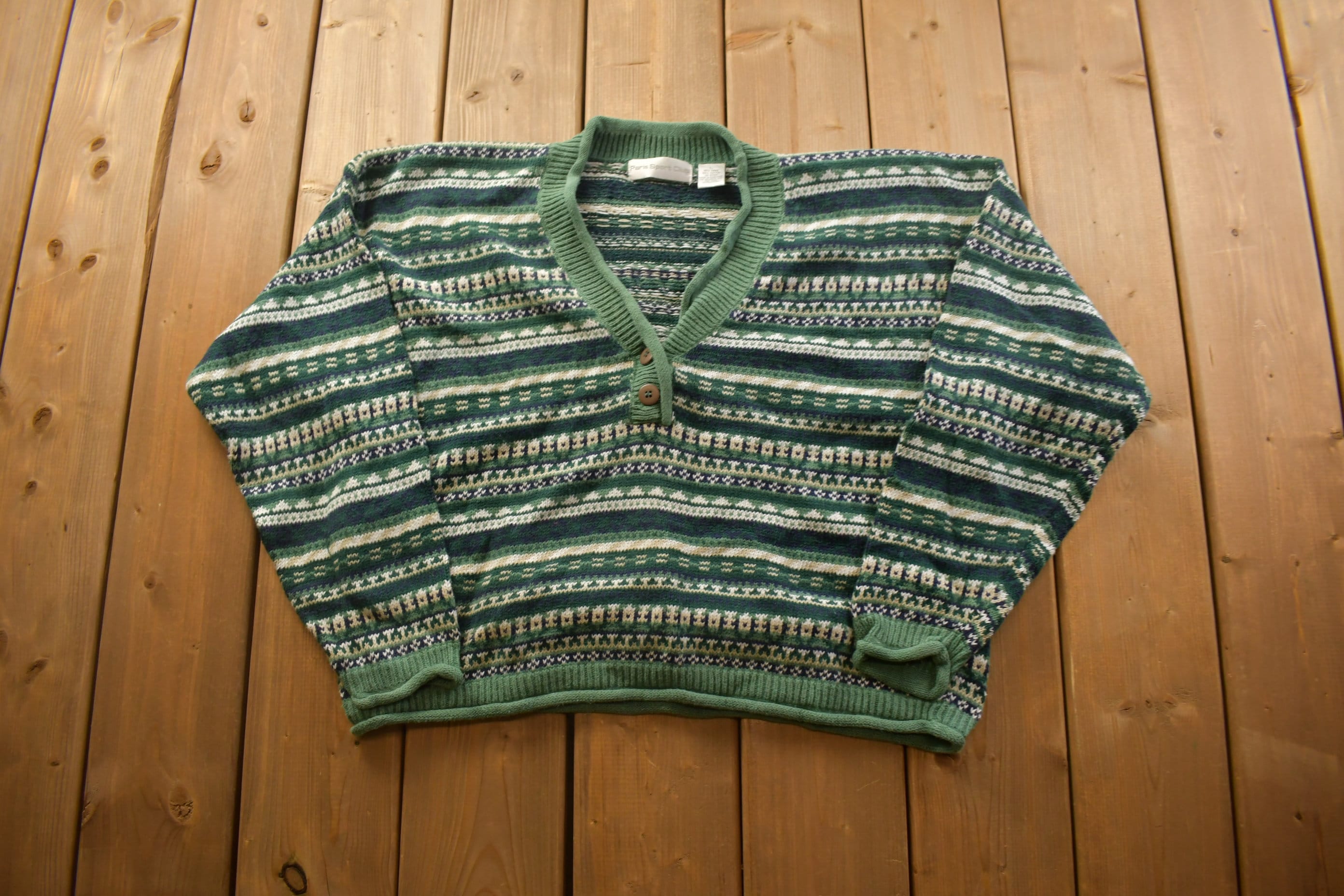 Vintage 1990s Paris Sport Club Knitted Crewneck Sweater / Vintage 90s Crewneck / All Over Pattern / Colorful / Sweatshirt / Abstract Pattern