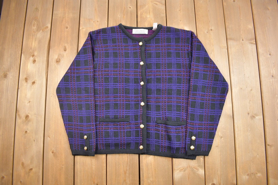 Vintage 1990s Karen Scott Plaid Knitted Cardigan Sweater