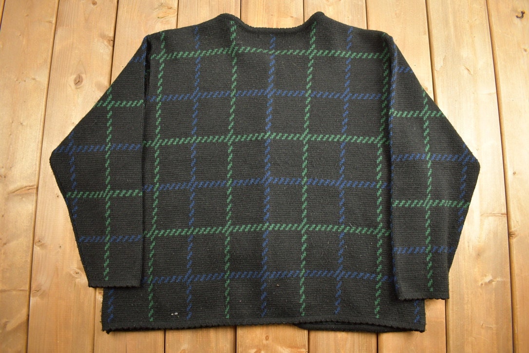 Vintage 1990s Tally Ho Knit Plaid Cardigan Sweater