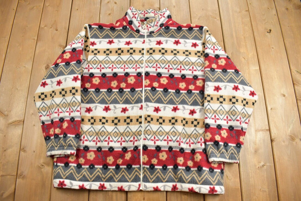 Vintage 1990s Alfred Dunner Abstract Pattern Graphic Fleece Zip Up Sweater