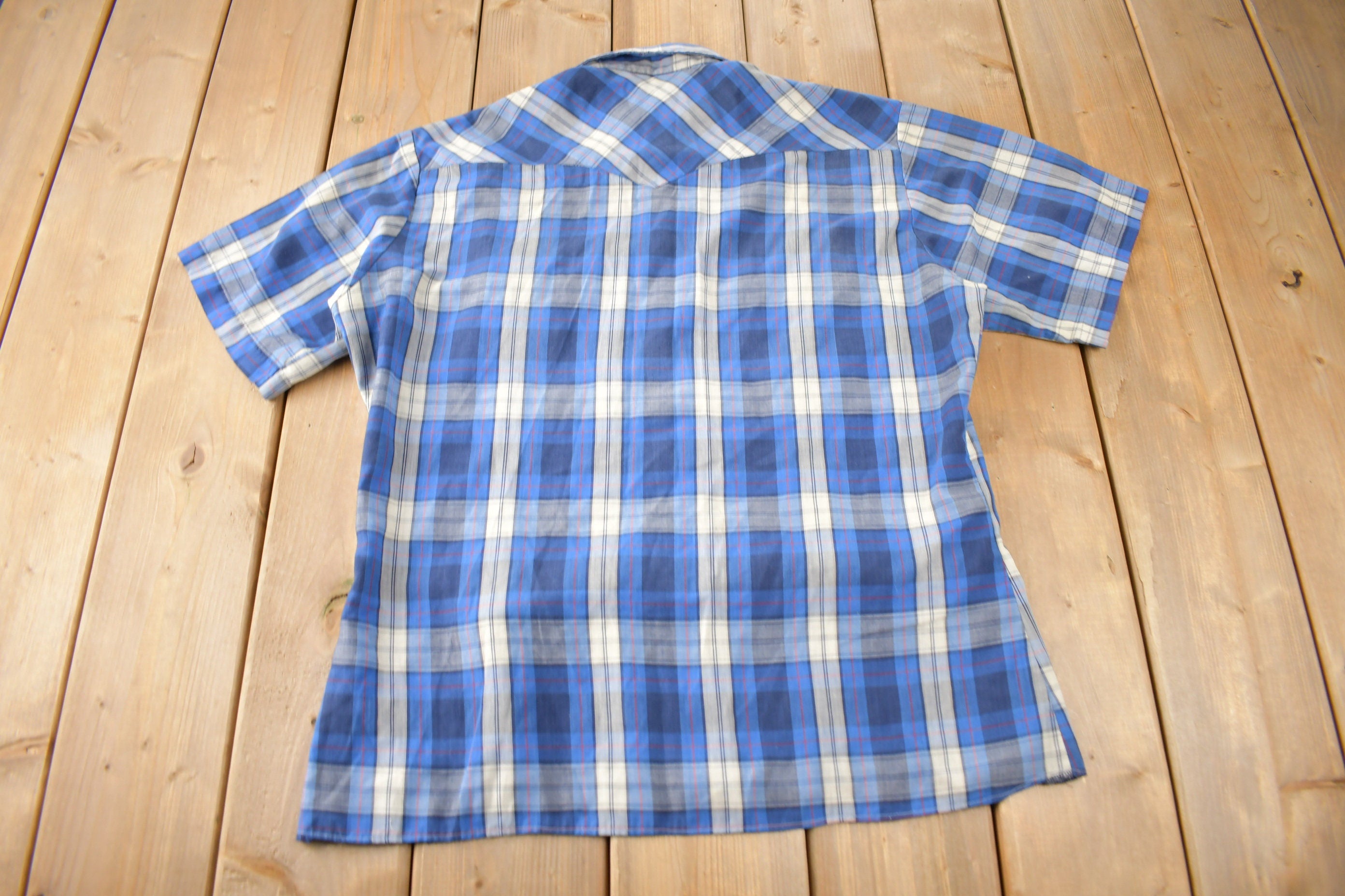 Vintage 1990s Wrangler Western Shirts Pearl Snap Short Sleeve Plaid Button Up Shirt Size L