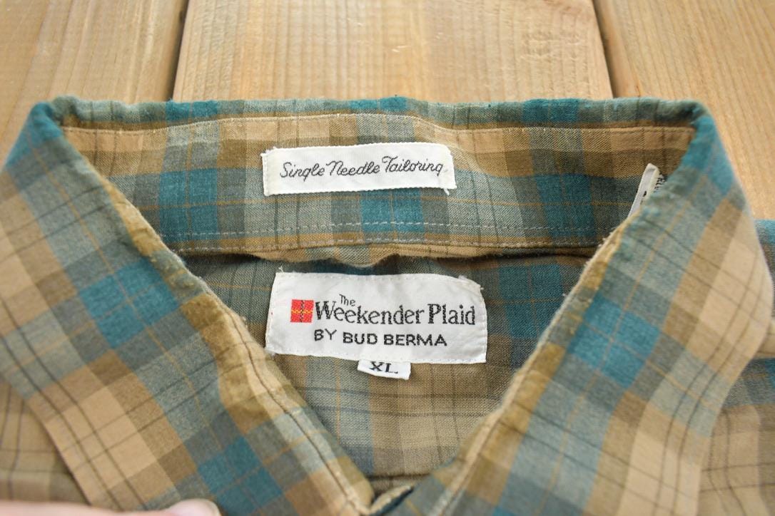Vintage 1990s Weekender Plaid Single Needle Tailoring Blank Button Up Shirt Made In USA