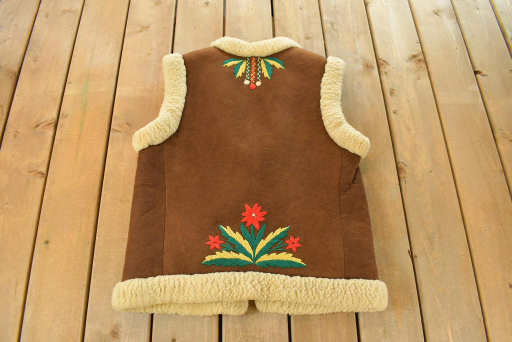 Vintage 1970s Shearling Floral Boho Vest Jacket Sherpa Lined Adult Large