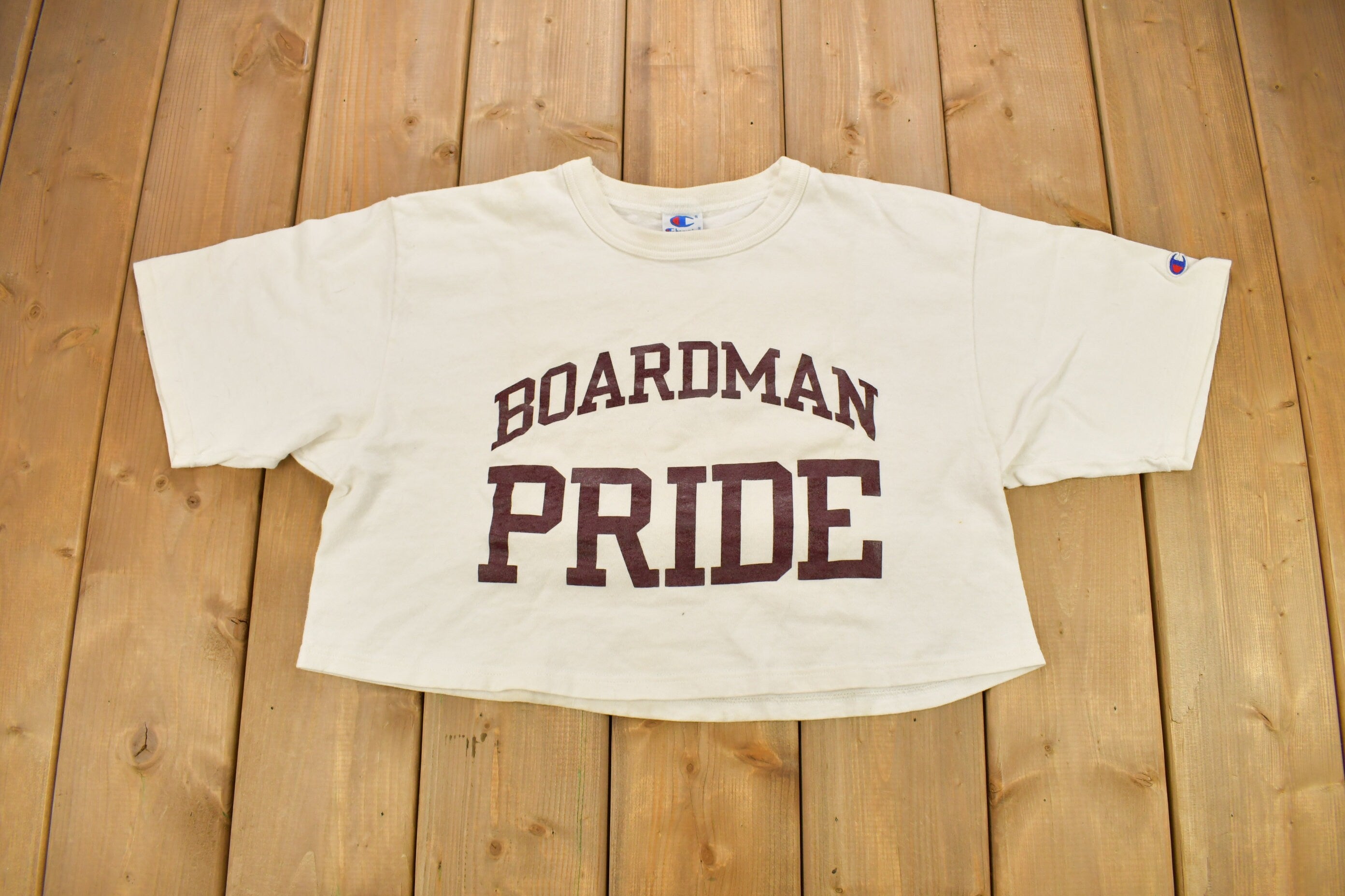 Vintage 1990s Boardman Pride Collegiate Crop Top Champion T-Shirt