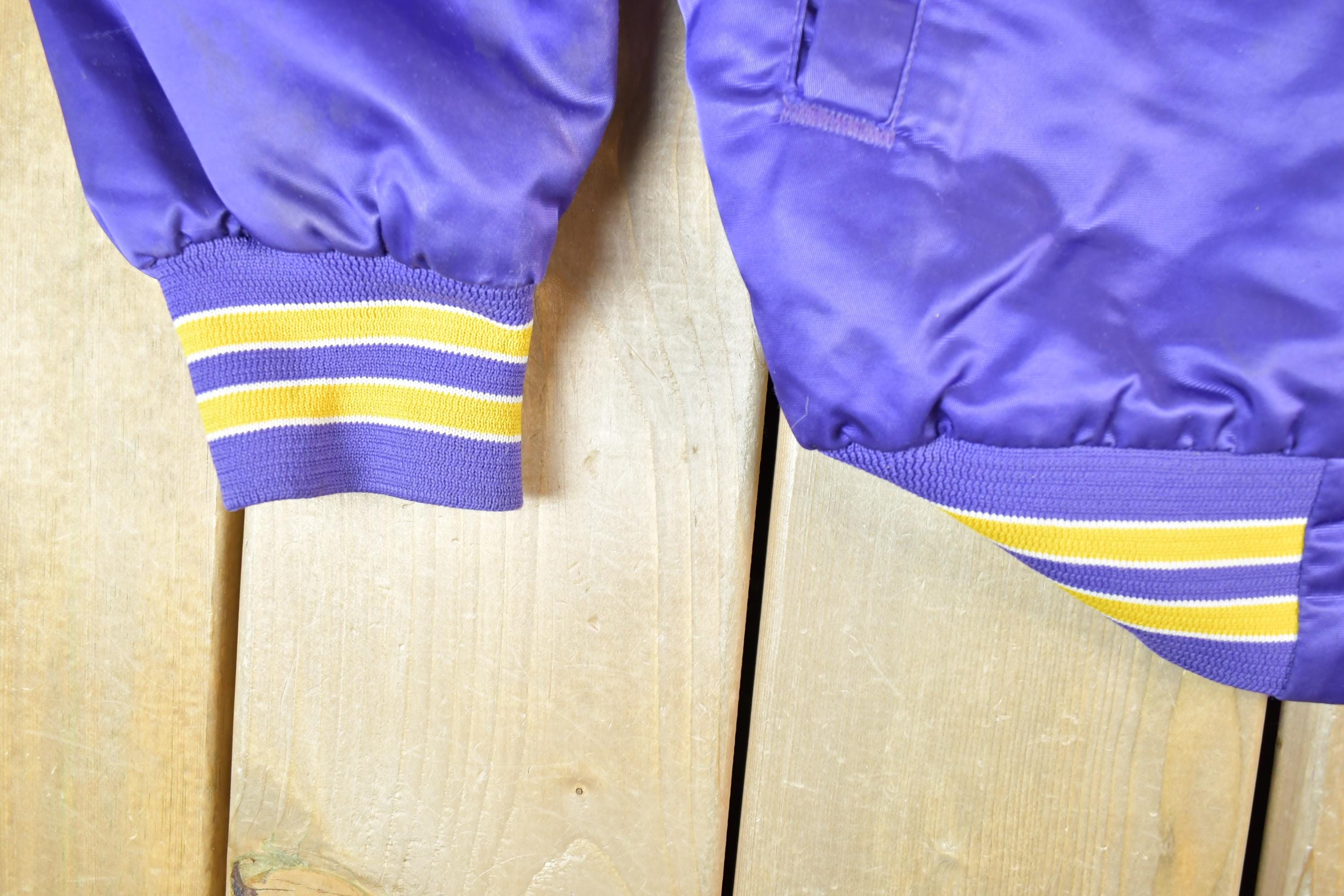 Vintage 1980s Minnesota Vikings Team NFL Football Chalk Line Satin Button Up Bomber Embroidered Puffer Jacket