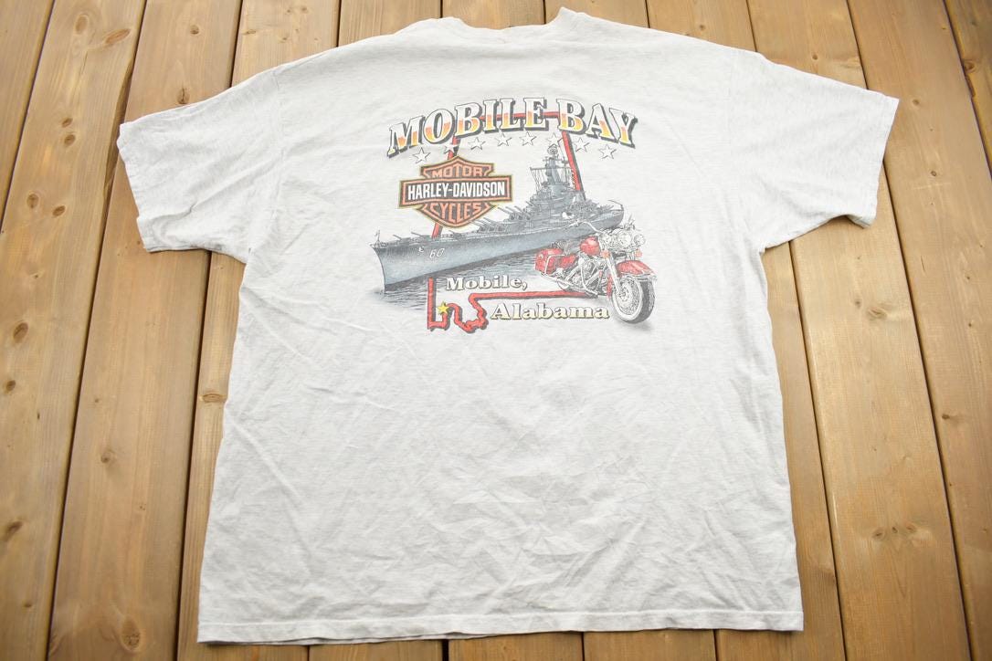 Vintage 1990s Mobile Bay Harley Davidson Motorcycles Alabama Graphic T-Shirt / Made In USA / XXL / Pocket Tee