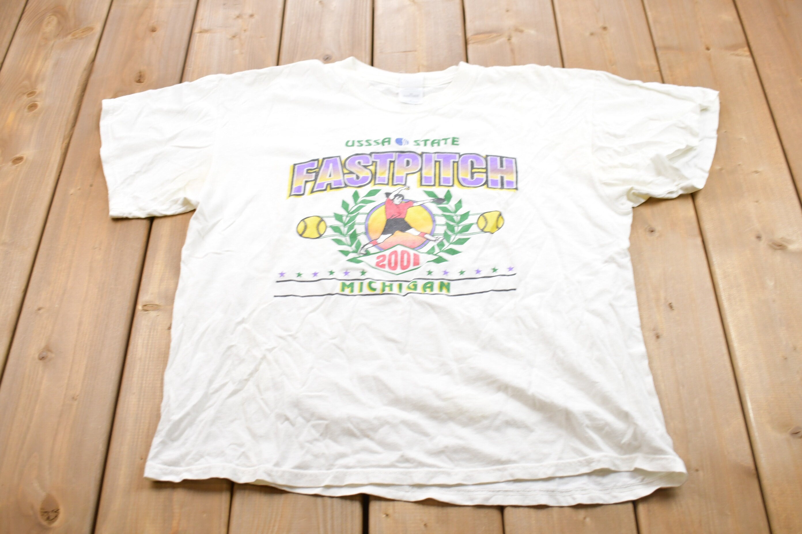 Vintage 2001 Fast Pitch Michigan Graphic T-Shirt