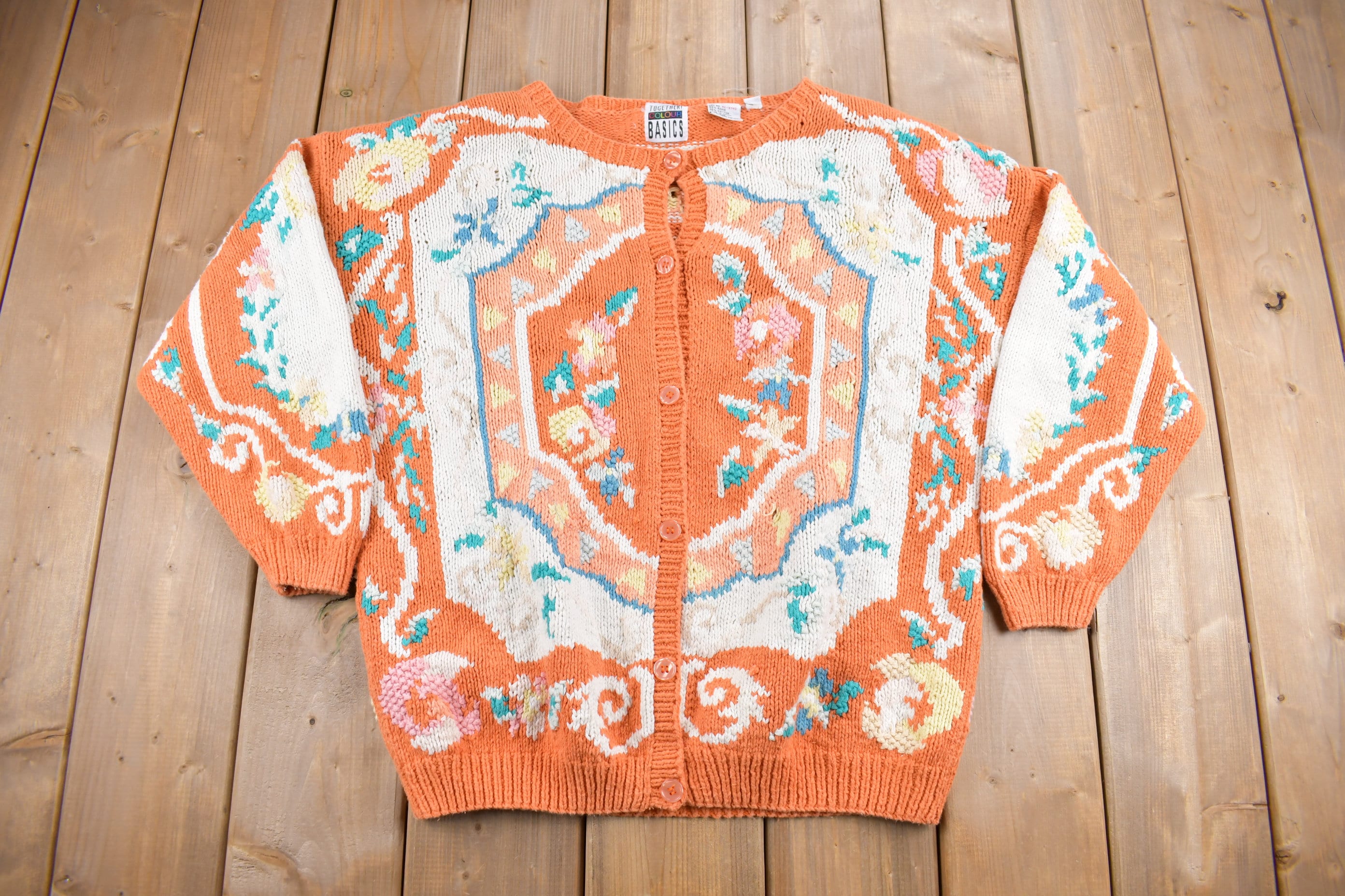 Vintage 1990s Orange Abstract Pattern Cardigan Sweater