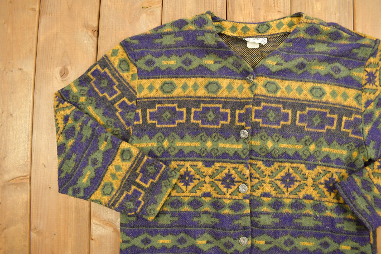 Vintage 1980s Ashly Brent Knitted Cardigan / Vintage 80s Cardigan / Pattern Sweater / Outdoorsman / Winter / Abstract Design